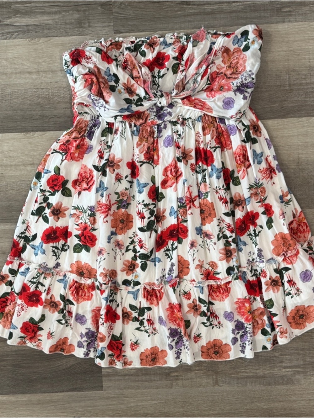 Floral Strapless Ruched Mini Dress roses & bow